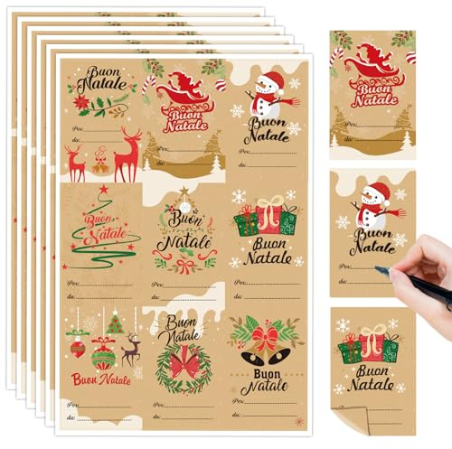 DPKOW 144 Etichette Adesive Natalizie Italiane, 16 Fogli Adesivi di Natale Stickers Natale Etichette Regalo di Nome in Carta Kraft, Decorazione adesiva natalizia autoadesiva per buste di carte regalo