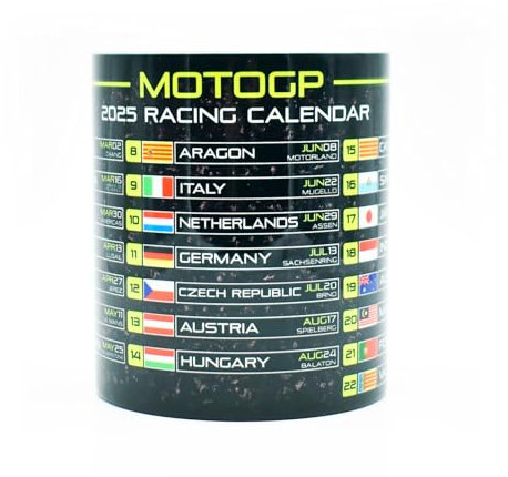 Moto Grand Prix 2025 Season Calendar Mug - Neon Green Edition - Race Circuits - Racing Motorbikes - Quartararo - Marquez - Bagnaia - Gift Ideas - Coffee Cup - GP - Memorablia - Championship