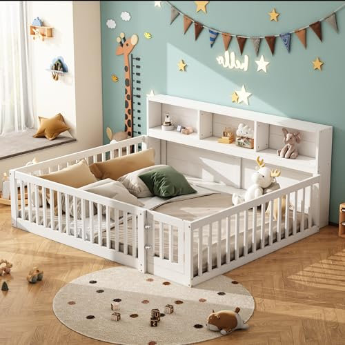 FEZTOY Kinderbett 140x200cm, Bodenbett mit Geländer&Türen&Staufach&Lattenrost, Funktionsbett Doublebett, Holzbett Bettgestell Jugendbett für Mädchen & Jungen, Ohne Matratze