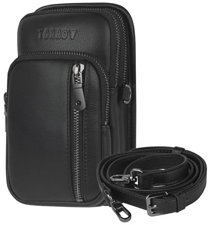 TORRO Leder-Handytasche – Umhängetasche aus Echtleder mit Verstellbarem Riemen und Sicheren Reißverschlussfächern (Schwarz)