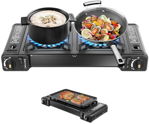 Réchaud à gaz de camping portable à 2 feux avec bol de barbecue et mallette de rangement, pour camping, voyage, randonnée, pique-nique, barbecue sur la terrasse et bien plus encore