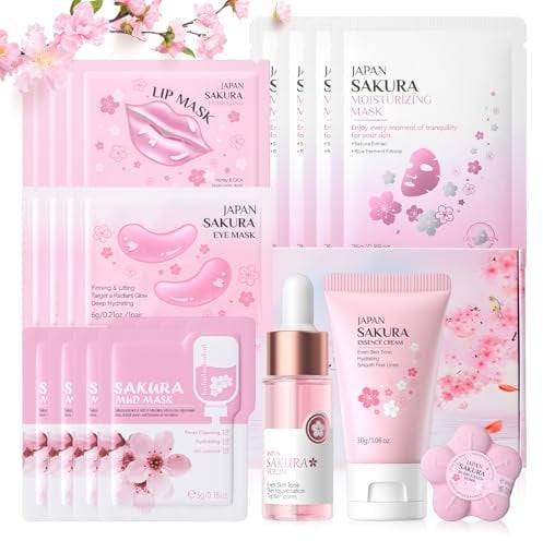 Set per la Cura della Pelle del Viso, Set per la Cura del Viso Anti-età, Kit per la Cura della Pelle Sakura 19 Pezzi, Kit Skincare Viso Completo, Cura della Bellezza Quotidiana per Ragazze Adolescenti