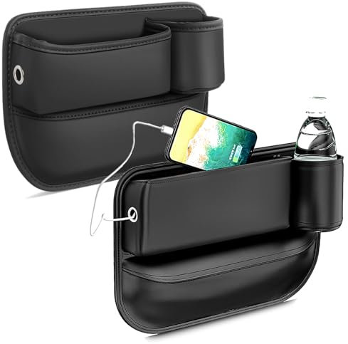 2 PCS Car Seat Organiser Kids, Leather Seat Gap Storage Box with Car Cup Holder interior Gadgets Accessories for Storaging Mobile Phones Keys Cards Wallets