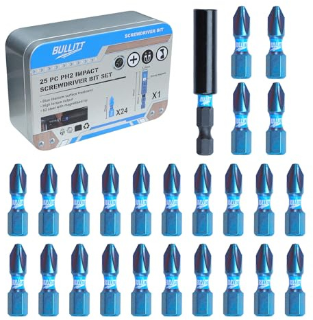 BULLITT Screwdriver Bits set,24Pcs 25mm PH2 Impact Screwdriver Bits with 1/4 Hex Shank,Single Ended Phillips No.2 Heavy Duty，S2 Steel with Magnetised Tip+One Strong Magnetic Bit Holder in One Tin Box