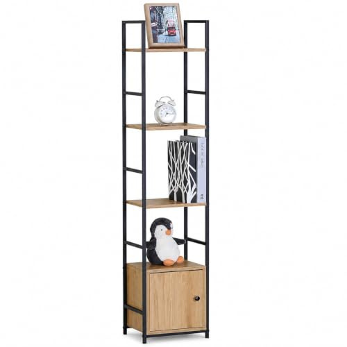 4 Tier Tall Narrow Bookcase with Cabinet, Industrial Slim Shelving Unit Storage Rack, Rustic Wooden Display Shelf Organiser for Living Room, Bedroom, Home Office – 29.1x23.5x144 cm