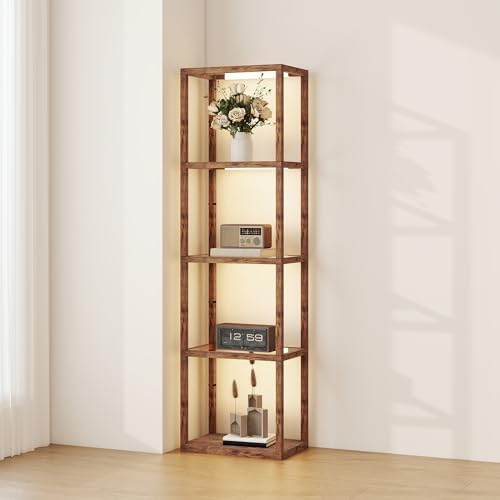HOMCOM LED Floor Lamp with Glass Shelves, 4 Layers Dimmable Tall Standing Lamp, Modern Column Shelf Floor Light for Living Room, Bedroom, Office, Rustic Brown
