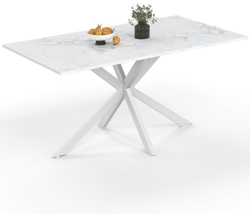 IDMarket - Table à Manger Rectangle ALIX 8 personnes pied araignée Bois Effet marbre Blanc Alaska et Blanc 160 cm