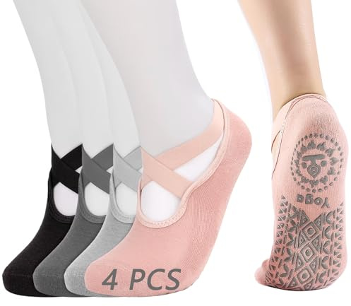 Magiccute 4 Paar Yoga Pilates Socken für Damen und Mädchen aus Baumwolle, Anti-Rutsch Grip Socken für Fitness, Barre, Ballett und Tanz, Atmungsaktiv, Größe 35-38