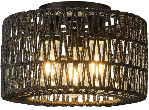 Qamra 3-flammige Rattan Deckenlampe, Boho Deckenleuchte Schwarz, E27, Ø32cm | Vintage Lampe mit Keramikfassung, für Schlafzimmer, Wohnzimmer, Esszimmer, Küche, Flur