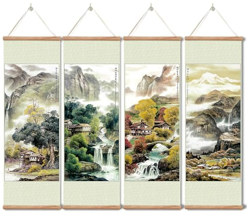 xinyuru 4-teiliges Wandbild Set Vier Jahreszeiten, Eichenrahmen | | Massiver Eichenholzrahmen | 4-teilig | 30x90 cm pro Bild | asiatische Wanddeko | Wohnzimmer, Schlafzimmer, Büro