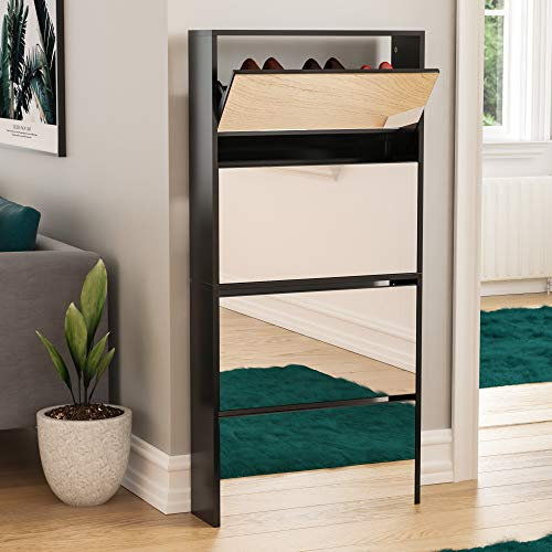 Vida Designs Welham 4 Drawer Mirrored Shoe Cabinet, Hallway Cupboard Storage Organiser, Footwear Stand Rack, Wood Sideboard Unit, Black