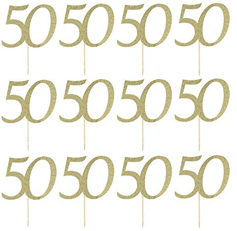 LissieLou Number 50 Cupcake Toppers Pack of 12 in Pretty Glitter Card, Made in the UK - Gold