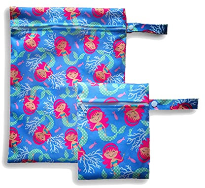 Set di 2 sacchetti bagnati con simpatici motivi per bambini, impermeabili, riutilizzabili, lavabili con chiusura lampo e gancio, utilizzabili come sacchetto e organiser per pannolini e salviette