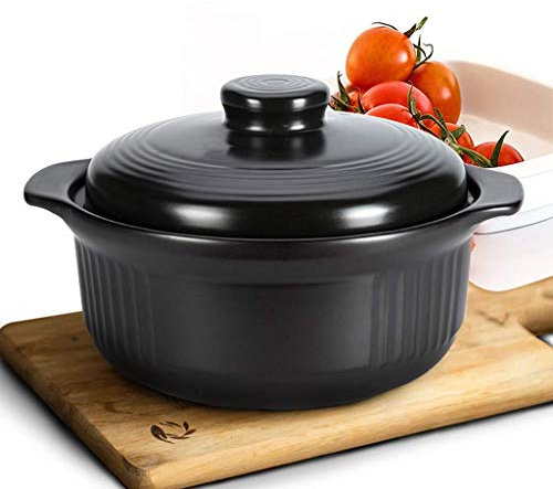 SSB Cacerola de cerámica no pegada, cacerola redonda de arcilla con tapa, olla de barro japonés, olla de barro resistente al calor, olla caliente para cocinar guiso, color negro, tamaño: 3 l.