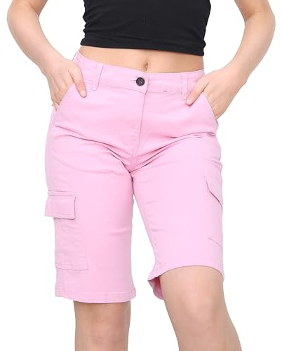 NOROZE Womens Shorts – Ladies Knee Length Chino Style – Women’s Cargo Summer with Pockets – Lightweight Long Stretch Bermuda for Women UK – Casual Fit – Sizes 8 to 20 Pink