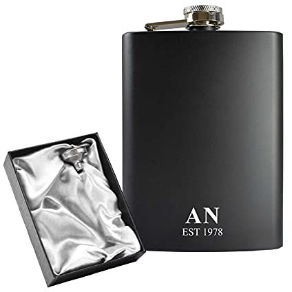 Engraved 8oz Black Hip Flask with Initials and Date