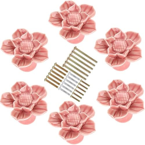 MayGreeny 6 Stück Knauf für Schrank, Möbelknöpfe Vintage, Blumenförmige Keramik-Türknöpfe für Kommode Schränke, Schrankknöpfe, Schubladenknöpfe, Schublade, Schranktürknöpfe, Rosa