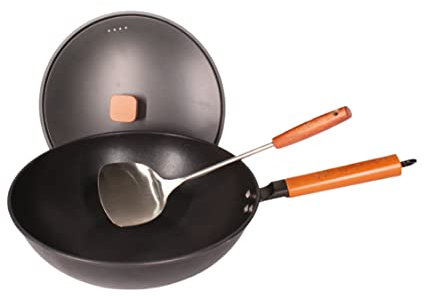 Culinary Basics Wokpfanne aus Karbonstahl, Wok mit Deckel, flacher Boden mit Spatel, große Induktion, elektrisches Kochfeld, Rühren, Braten, Antihaftbeschichtung, 33 cm