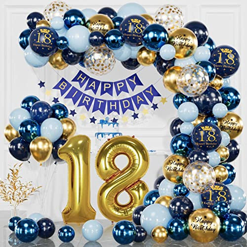 18. Geburtstag Deko Marineblau Gold für Mädchen Junge - Happy Birthday Banner, Konfetti Luftballons, Jahr Geburtstagdeko