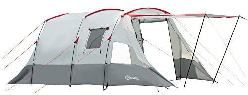 Outsunny 6-8 Person Tunnel Tent, Camping Tent with Bedroom, Living Room, Sewn-in Floor, 3 Doors and Carry Bag, 2000mm Water Column for Fishing, Hiking, Sports, and Traveling, Grey