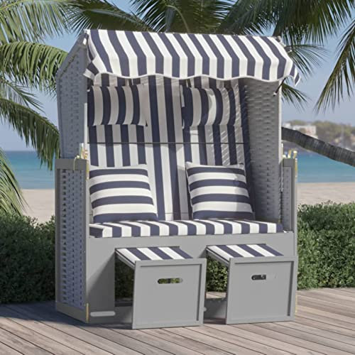 SHUJING Strandkorb mit Kissen, Strandkörbe, Roofed Beach Chairs, Strandkorb Für Draußen, Poly Rattan und Massivholz Blau & Weiß