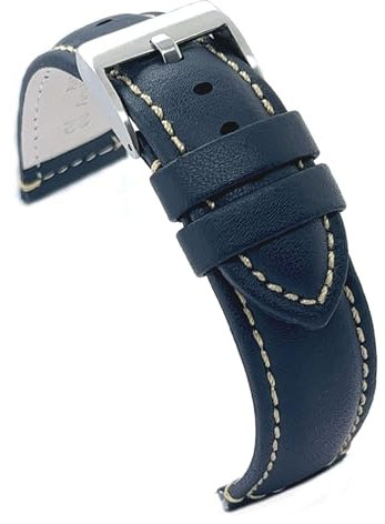 Diloy Bracelet montre cuir veau lisse sportif bombé couture blanche – Tailles 14mm 16mm 18mm 20mm 22mm 24mm – Élégance et robustesse P354 Bleu Marine 22mm