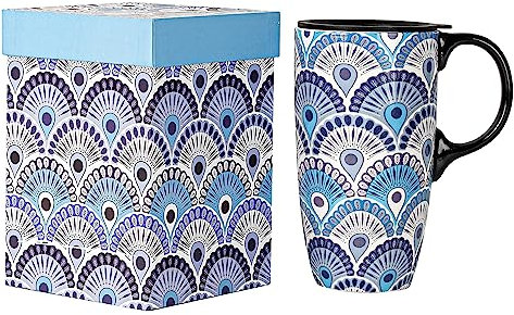 DUSVALLY Coffee Ceramic Mugs Travel Coffee Mug Porcelain Latte Tea Cup with Lid and Gift Box 17oz.Tall Coffee Mug, Peacock