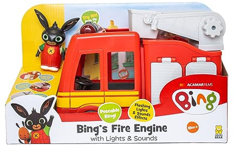 Bing Giocattoli Push-Along Fire Engine, luci, suoni e sollevamento scala girevole Figurine per guidare o guidare in secchio 18m+