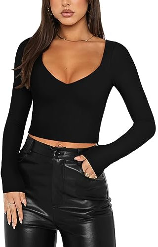 REORIA Women's Sexy Trendy V Neck Long Sleeve Slim Fitted Tshirts Fall Going Out Party Causal Basic Y2k Crop Tops Black Small