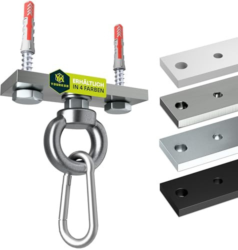 Yourkon | Boxsack & Deckenhalterung | 8mm massiver rostfreier Edelstahl |für Boxsäcke & mehr | Ideal als Aufhängung für Hängesessel, Yogatuch, Sonnensegel Befestigung usw. 180 kg | inkl. Zubehör