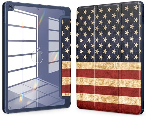 VIKESI Case für iPad 9./8./7.Generation 10,2 Zoll (2021/2020 / 2019),Clear Back, TPU Schockdichte Rahmendeckung [Eingebaute Bleistifthalter, Unterstützung Auto Schlaf/Wach]-US-Flagge