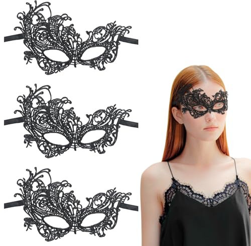EUPSIIU 3 Stück Spitze Maske, Venezianische Maske, Damen Schwarz, Augenmaske Spitze, Augenmaske Maskerade für Halloween Karneval Party, Abendkleid Tanz Ball Party (Schwarz)