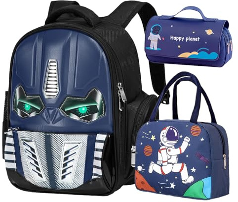 ACEIOT Kinderrucksack für Schule, Jungen Rucksack mit Lunchtasche und Federmäppchen, Roboterrucksack für Jungen, Mochila Para Niños, Blau, 16 X 12 X 7