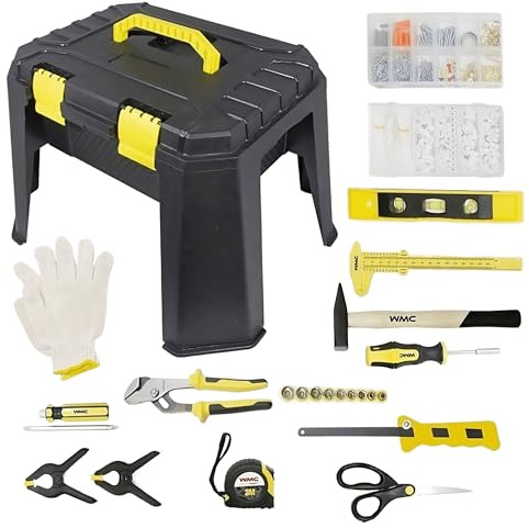 WMC TOOLS Werkzeugkoffer gefüllt 1200-teilig 1/4 Zoll mit Hocker - Universal-Werkzeugset, 9 Stecknüsse 5-13 mm, 48 Bits, Hammer, Wasserpumpenzange 200 mm, Metallsäge, für Haushalt und Werkstatt