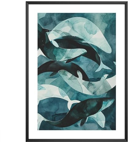 MJ-GRAPHICS® - Kunstdruck abstrakt Wale - Wandbild Din A2 in Galerie Qualität mit dickem 300g Posterpapier - Poster Malerei Moderne Blau Wal - Küchen & Wohnzimmer Bilder - ohne Bilderrahmen