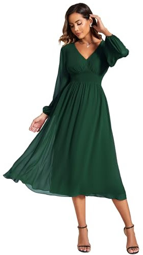 Ever-Pretty Wedding Guest Dresses for Women Long Sleeve V Neck Evening Dress Dark Green 10