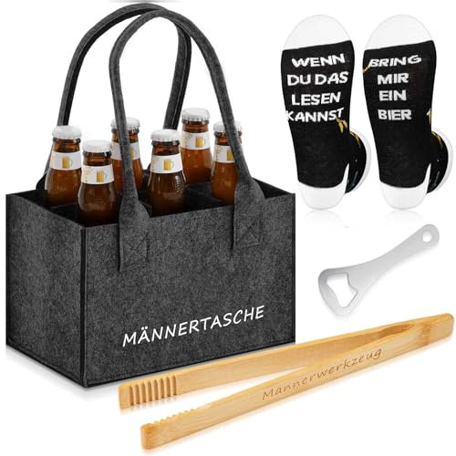 SATINIOR 4 Stück Bier Geschenke für Männer 24 x 15 x 15 cm Männertasche aus Extra Dickem Filz mit 6 Fächern Lustige Bier Socken Flaschenöffner Grillzange Geschenk Bierfest Vater Männertag (Klassiker)