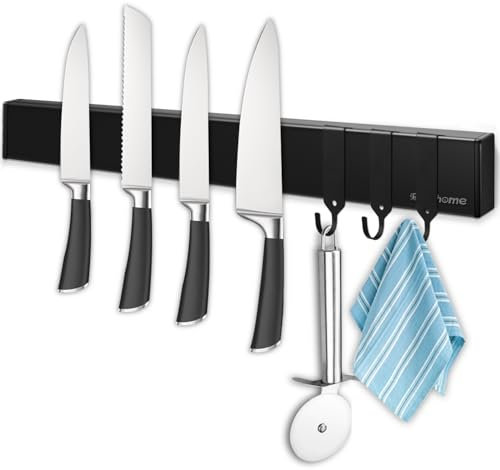 Magnetleiste Messer, Magnet Messerhalter aus Edelstahl mit Extra Starkem Magnet, 43CM Messer Halterung Messerleiste Magnetisch Selbstklebend oder Bohren mit 3 Haken