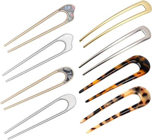 8 Stück U Förmige Haargabel, Basicon Haargabeln Groß, Metallspange Acetat Haarnadeln Französische Haarnadel, Dutt Haarstäbe Dutt 2 Zinken Haarnadel Damen Frisur Zubehör Mädchen Hairpin Haarspangen