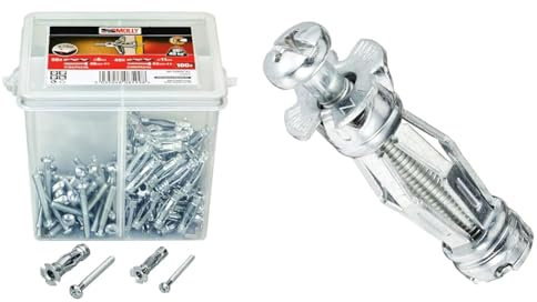 Molly M71020X-XJ Seau de 100 Chevilles, Gris & M16100PB-XJ Chevilles métalliques 100 pièces 5x36 mm + vis - matériaux Creux - Conditionnement Pro, Gris, Set de 200 pièces