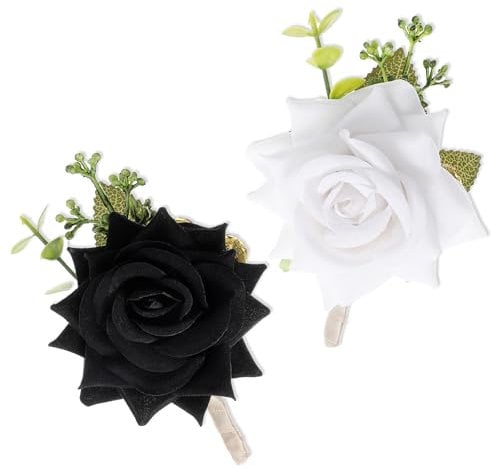 Hariendny 2 Stück Ansteckblume Künstliche Boutonniere Hochzeit Rose Korsage Bräutigam Braut Ansteckblume Rosenblumen Anstecker für Prom Hochzeit Party Gästeanstecker (Weiß+Schwarz)