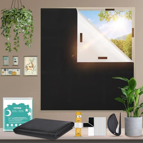 YUZAII Tenda oscurante per finestre, 300 x 145 cm, senza trapano, temporanea, con 20 nastri in velcro, per camera da letto, viaggi (nero)