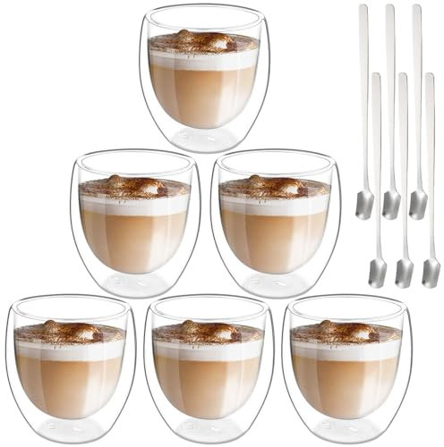 Lot de 6 tasses à expresso à double paroi - 250 ml - Avec 6 cuillères - Avec 6 cuillères - Pour cappuccino, café, café glacé