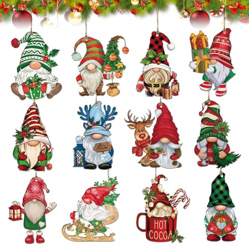 Adornos Colgantes de Gnomo en Madera - 24 Piezas para Árbol de Navidad, Decoraciones Navideñas, Fiesta