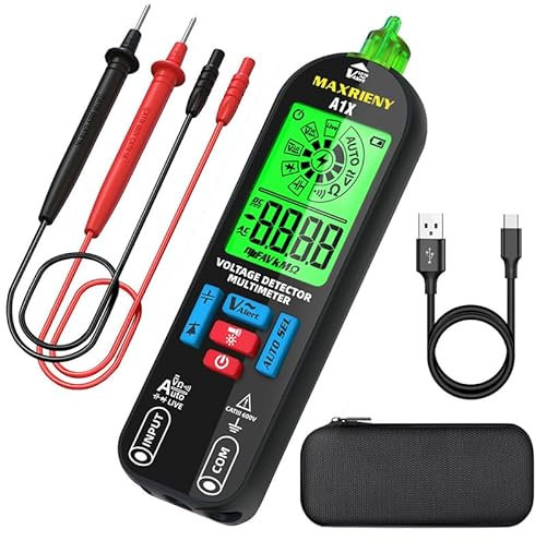 MAXRIENY Multimètre numérique rechargeable NCV avec alarmes sonores et visuelles, mesure automatique, tension AC/DC, capacité, résistance, continuité, capacité, diode, contrôle en direct