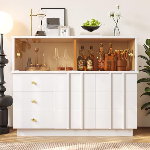 I0I&I0I Küchenschrank mit Rauchglas- Moderne Aufbewahrung mit Glastüren für Küche, Esszimmer & Wohnzimmer, Sideboard & Buffetschrank, MDF & Glas, Viel Stauraum (Weiß, 120 * 33 * 95cm)