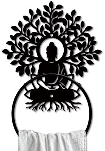 MAYJOYDIY Metall Buddha Motiv Handtuchring Baum des Lebens Handtuchhalter Lotus Buddha Meditation Handtuchring Wandmontage Schwarzer Kunst Handtuchhalter Für Badezimmer Küche Heimdekoration Geschenk