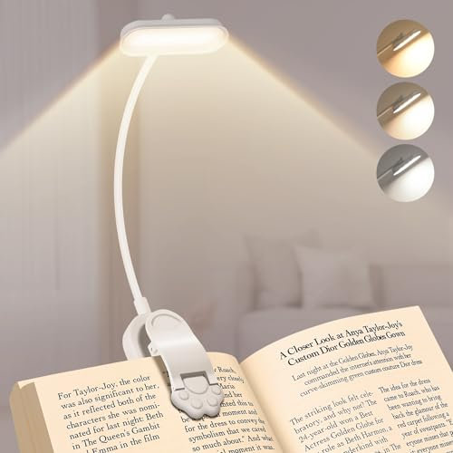 Bonsery Leselampe Buch Klemme 360° Flexibel, USB C Wiederaufladbare Buchlampe 16 LEDs mit Stufenlose Dimmung & 3 Farbanpassung, Klemmlampe Leselampe Buch für Nachtlesen ins Bett, Weiß