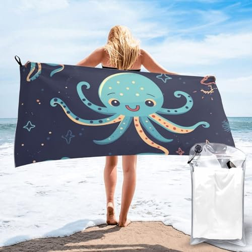 FCTVASDM Mikrofaser-Strandtuch, 69,8 x 139,7 cm, schnell trocknend, sandfrei, Stranddecke, übergroß, Camping-Handtücher, Cartoon-Oktopus-Badetücher, leichte Reisehandtücher für Urlaub, Essentials