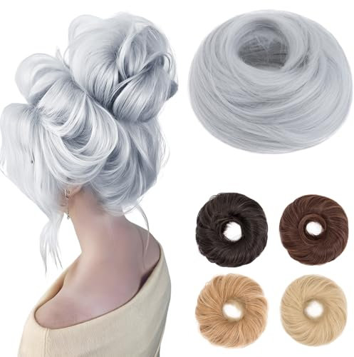 Benehair Haarteil Mit Gummiband Dutt Haarteil Haargummi Mit Haaren Synthetisch Haarverlängerung Haardutt Messy Bun für Damen Mädchen(Silbergrau, 55g)